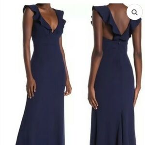 Navy Blue Maxi Formal Gown Dress Plunge Neck with Ruffle Sleeves